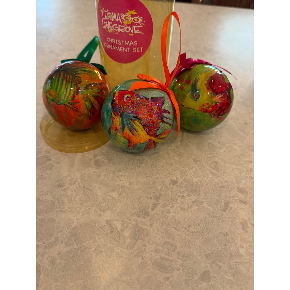 Leoma Lovegrove Christmas Ornament Set 3pc Tropical Fish Hand Painted Style 3in